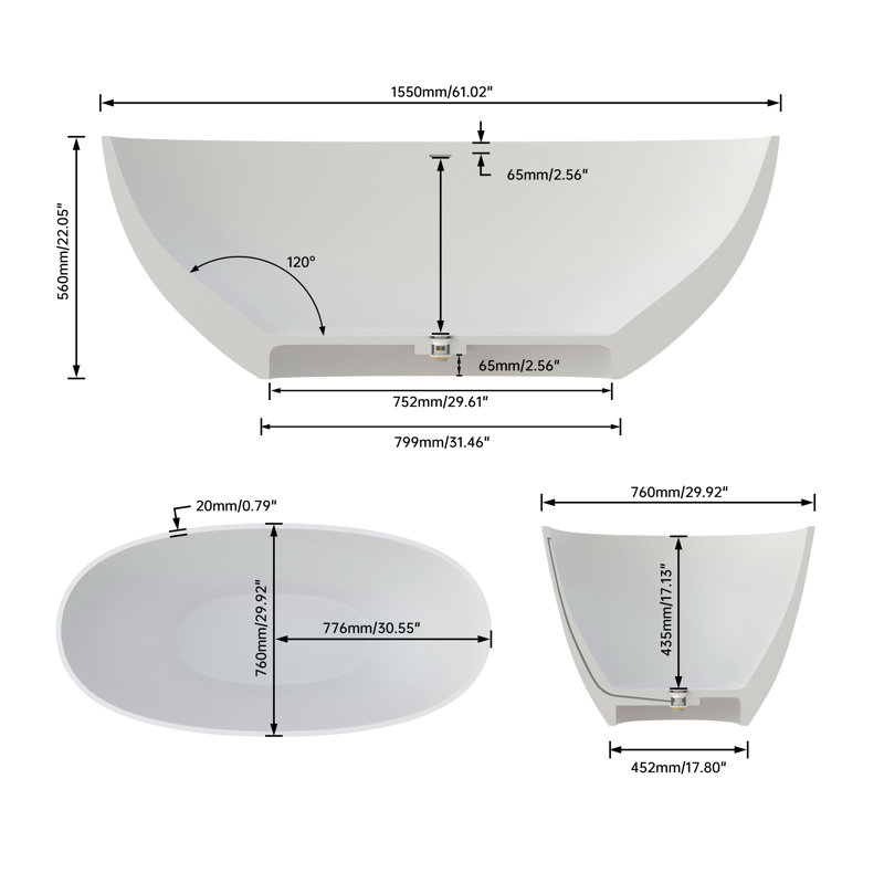 Baignoire de trempage profonde 61 "à surface solide de qualité supérieure 61"