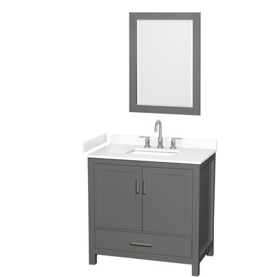 Meuble-lavabo simple de 36 po Sheffield en gris foncé, comptoir en marbre de culture blanc, lavabo carré encastré (3 trous), garniture en chrome brossé, miroir de 24 po
