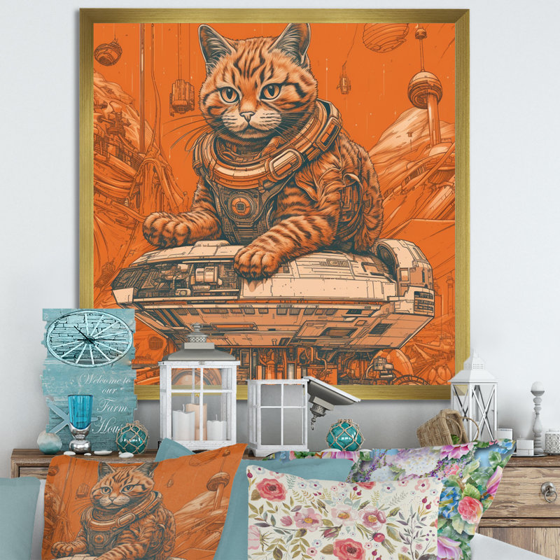 Illustration de l'espace astronout rétro chat I - impression, Cadre doré simple, H 36 po x l 36 po x P 1,5 po