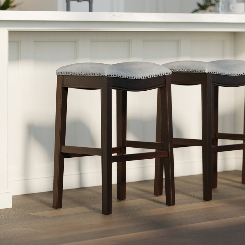 31In. H Bar-Height Wood Barstool With Faux-Leather Seat, 1Pc, Grey