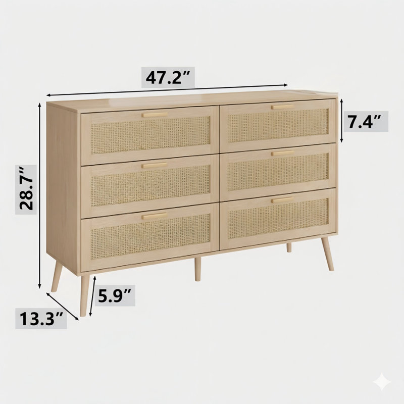 Rattan Six-Drawer Chest Of Drawers For Bedroom, Modern Six-Drawer Dresser, Wide Chest Of Drawers With Wooden Handles, Rattan Dresser Storage Cabinet For Living Room, Bedroom, Hallway.