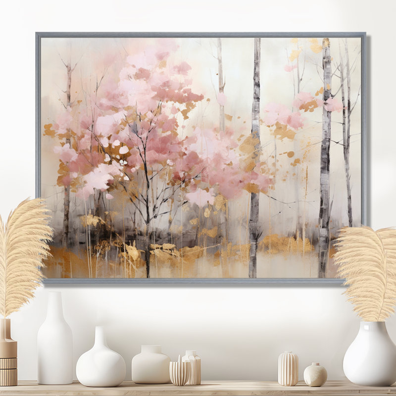 «Minimalisme rose et forêt dorée», reproduction sur toile, H 24 po x l 32 po x P 1 po, Encadrement argenté
