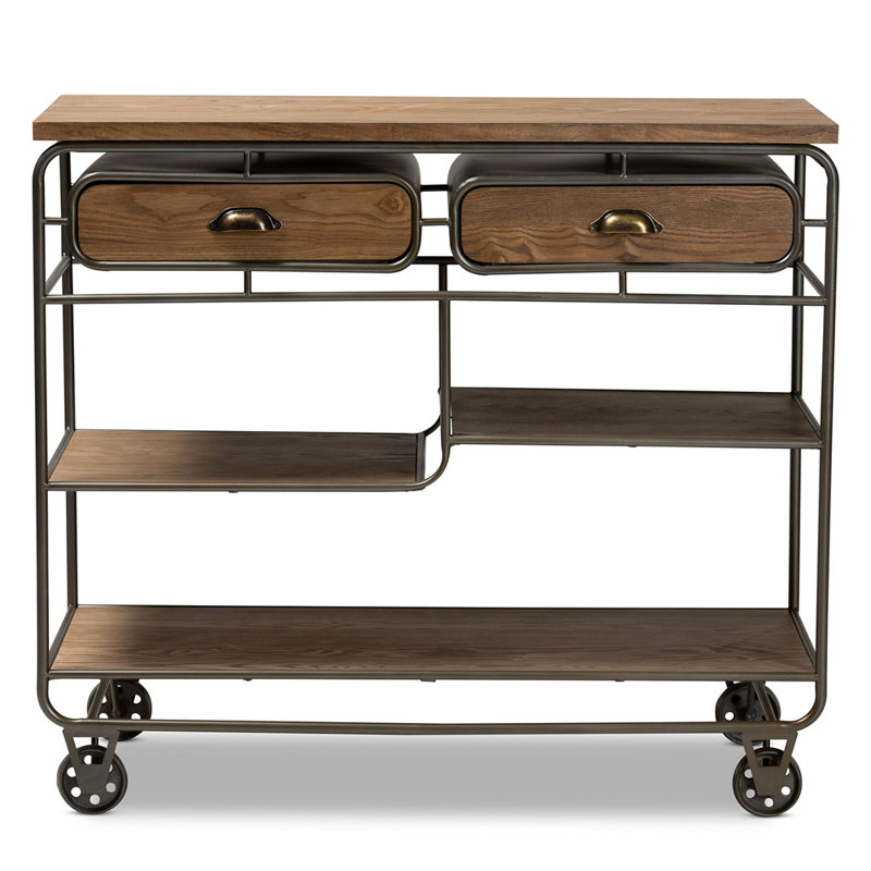 Alisa 2-Drawer Wood/Metal Kitchen Cart in Oak Brown and Black Finish, 37.2'' H X 41.7'' W X 16.9'' D