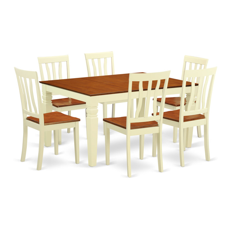 7 Piece Dining Table Set Consist of a Rectangle Dining Room Table with Butterfly Leaf and 6 Wood Seat Chairs, Buttermilk & Cherry