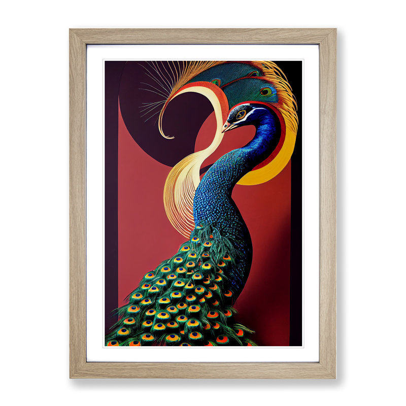 Classy Peacock - Single Picture Frame Print, 46cm H x 34cm W x 2cm D, Oak