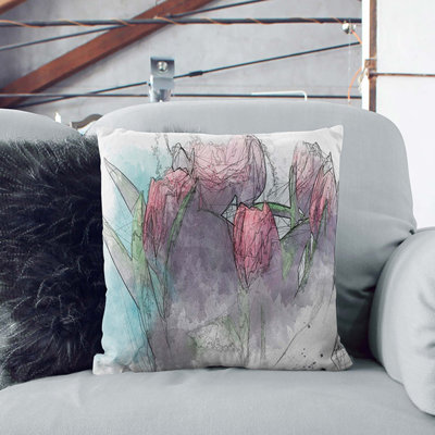 Bouquet Of Red Tulips In Abstract Floral Square Throw Cushion