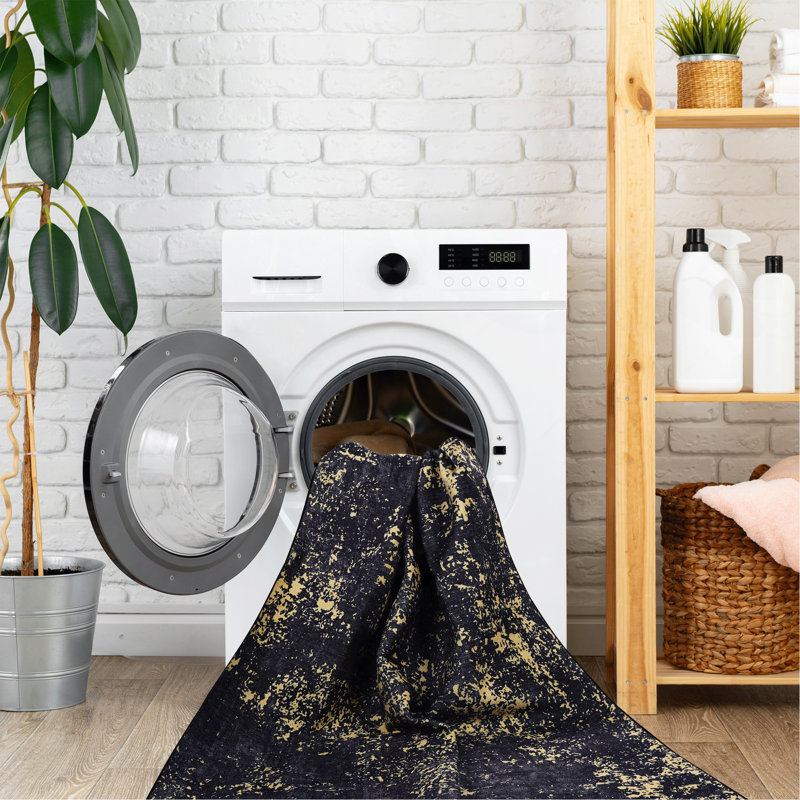 Black Washable Rug Area Rug, Rectangle 5' x 8'