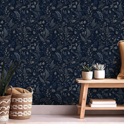 Peel and Stick Wallpaper Contact Paper Elegant Botanical Floral Dark Blue Delicate Self Adhesive and Removable 24in x 118in(60x300cm)