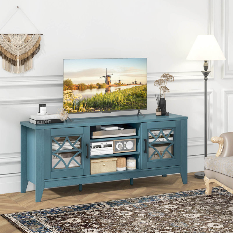 Winston Porter Tv Stand For Tvs Up To 65" With 3-position Adjustable Shelves Tempered Glass Doors, Blue