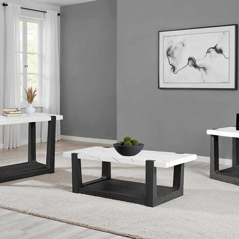 Table de bout 1 pièce, plateau en faux marbre à deux tons, finition noire et blanche, salon principal, Noir
