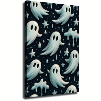 Mignon fantôme blanc avec des étoiles et une texture dégoulinante sur fond sombre, art mural d'Halloween pour le salon, décoration de chambre à coucher