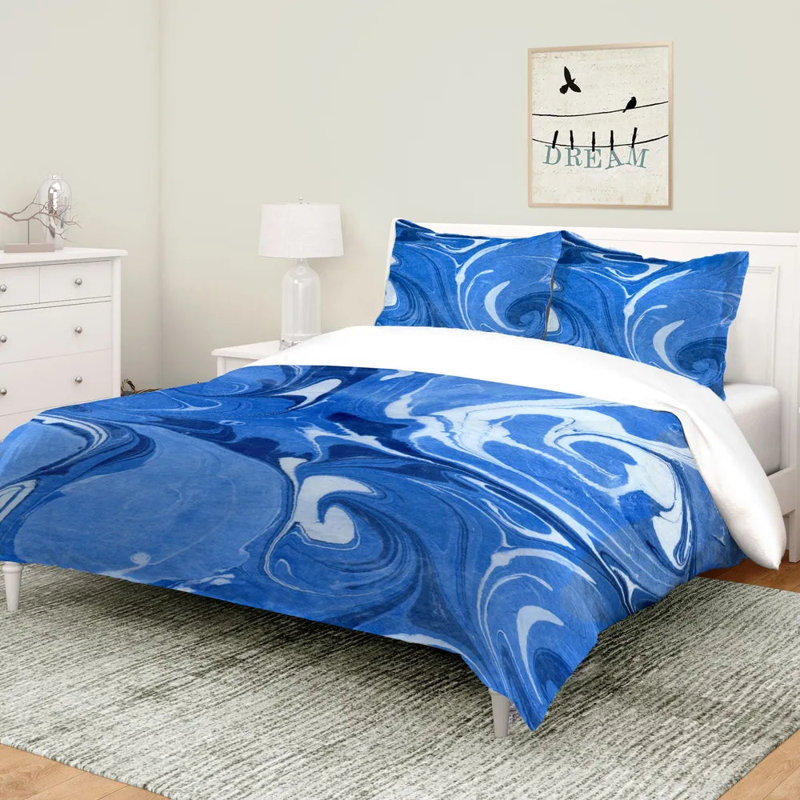 Édredon réversible en microfibre marbre bleu océan, Édredon grand