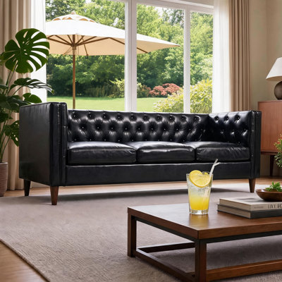 81" Modern Leather Couch for Living Room, Mid Century Leather Sofa with Deep Seat, Handmade Button Tufted Sofa, Chesterfield 3 Seat Couch for Apartment, Office.