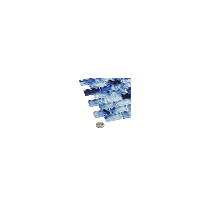 Bluz 1-in. x 2-in. Brick Joint Marble Look Glossy Glass Wall and Floor Mosaic Tile, Cyan