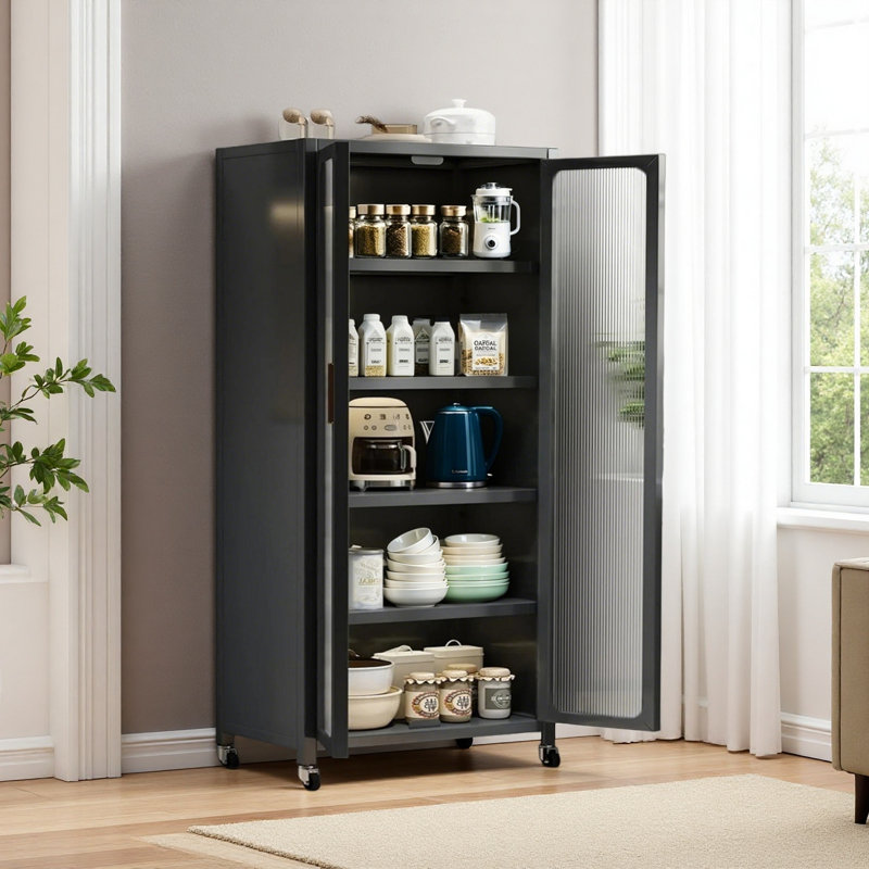 Armoire de rangement pour garde-manger, armoire de rangement en métal à 6 niveaux avec porte transparente, tablettes et roulettes réglables, armoires pour garde-manger, pour la cuisine, le salon et la salle à manger