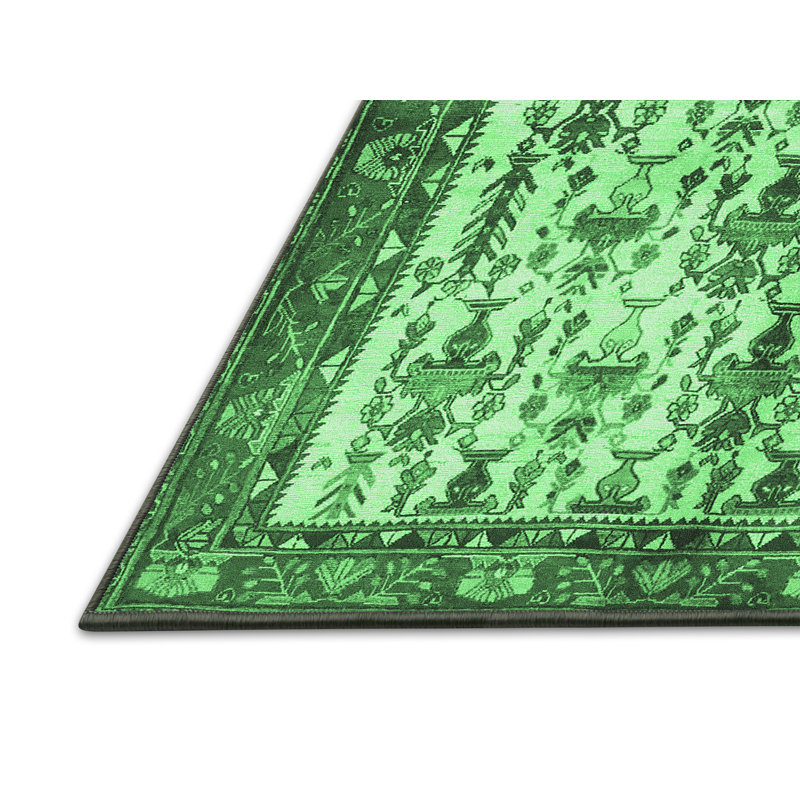 Tapis vert / ivoire / gris en laine et polyester tissés à la machine Karleah, Rectangle 5 pi x 8 pi