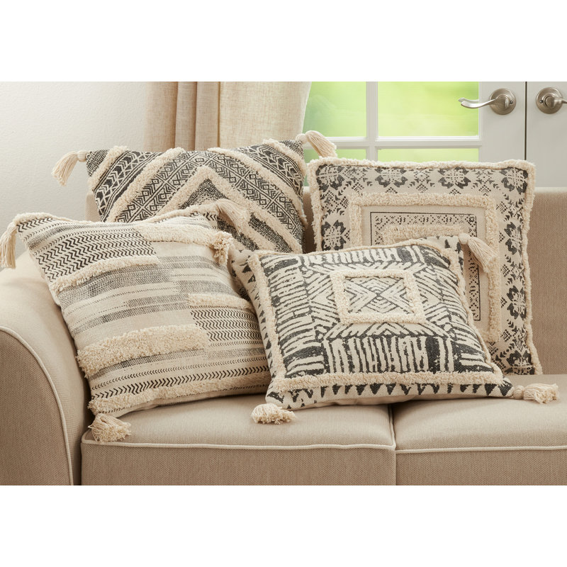 Black and Beige 20" Printed Tufted Throw Pillow