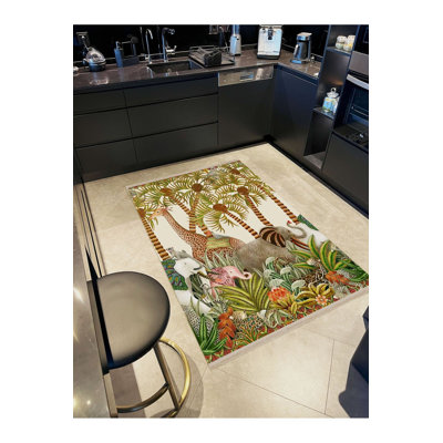 Tapis décoratif moderne à motif éléphant et girafe lavable à la machine