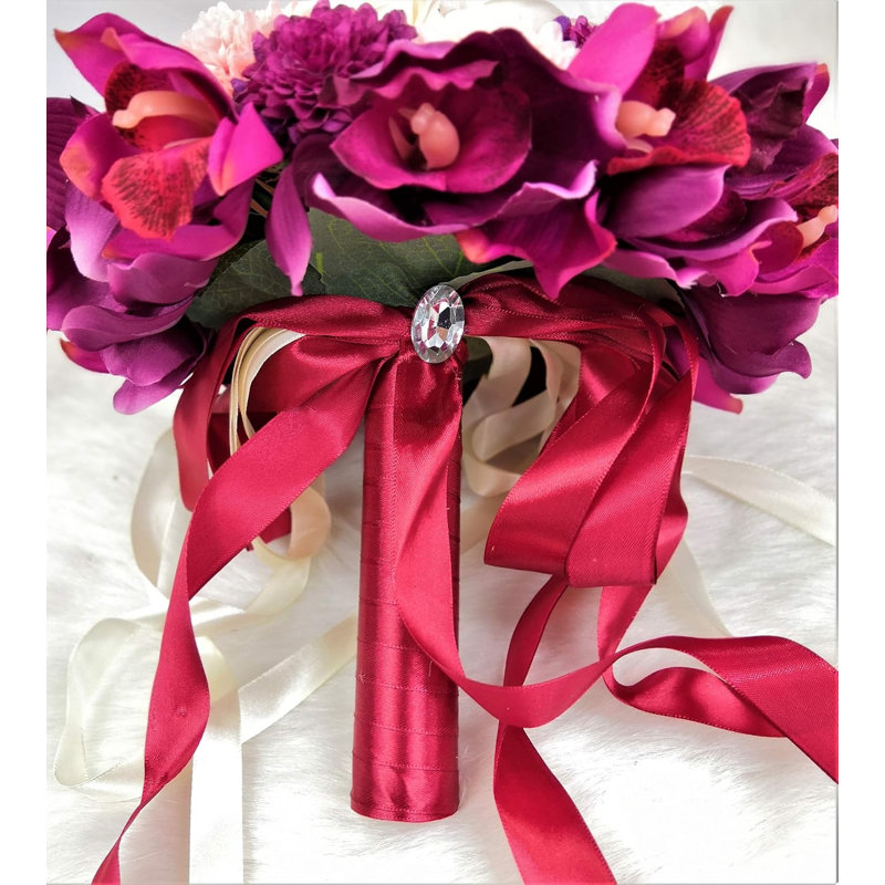 Bouquet d'orchidées artificielles avec œillets et ruban de strass, Rose et magenta