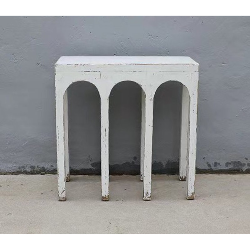 Distressed White Solid Wood Arch Console Table with Storage