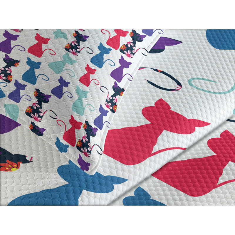 Colorful Cat Print King Quilted Bedspread Set with Shams