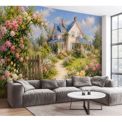 Wall Mural Peel and Stick Charming Pink Cottage Garden Blooming Roses Vintage Countryside House Large Wallpaper Self-Adhesive Removable Contact Paper Wall Decor for Living Room Bedroom Nursery 100"H x 144"W