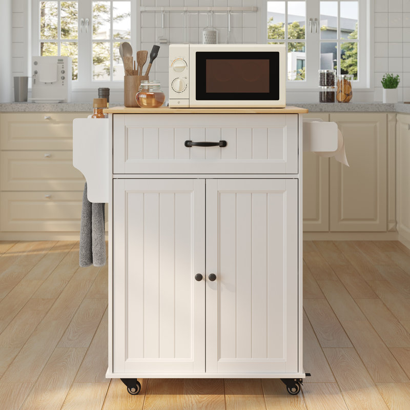 Lotosha Solid Wood Top Kitchen Island Cart with Wheels &1-Drawer, White/Brown