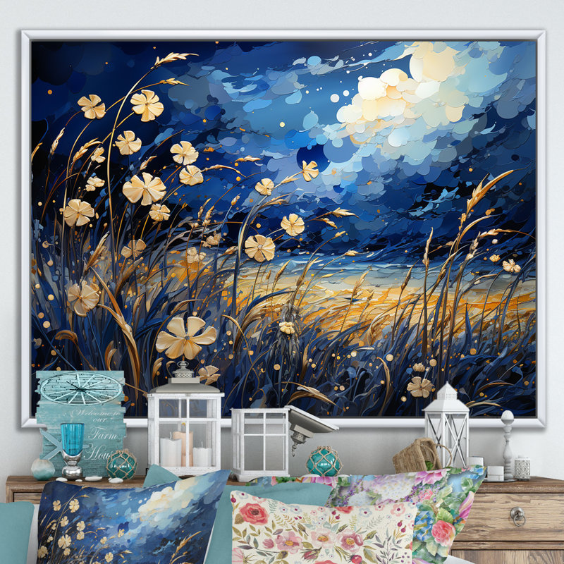 Coquelicots bleu marine - prairie, art mural, H 16 po x l 32 po x P 1 po, Cadre flottant blanc