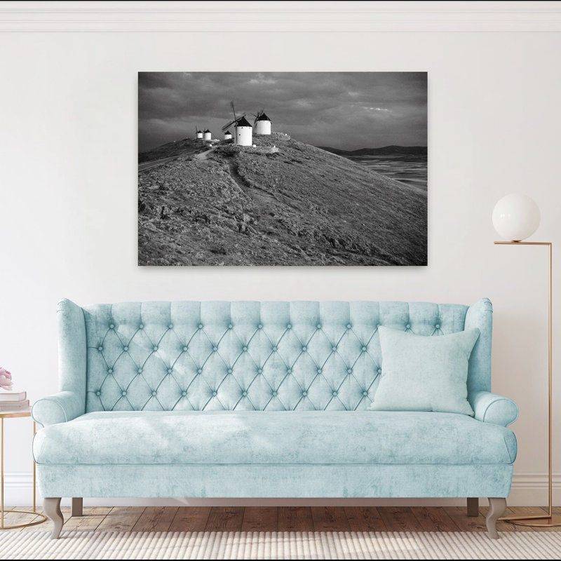 Old Historic Windmills On Hill In Black And White, Consuegra, Castilla La Mancha, Spain Traditional Contemporary Architecture Urban Wall Art