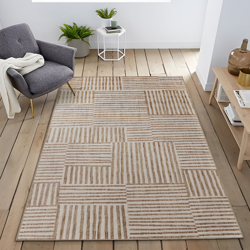Tapis décoratif moderne à motif de rayures brunes, Rectangle 5 pi 1,02 po x 7 pi 6,55 po