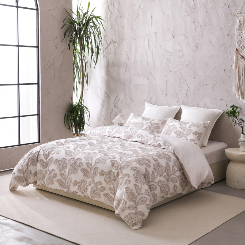 Ensemble de housse de couette jacquard jacquard en coton à motif floral, Brun