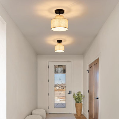 2 Pack Modern Pendant Lights, 1-light Hanging Light Fixture With 2-tiers Beige Linen Fabric Drum Lamp Shade,boho Farmhouse Adjustable Mini Ceiling Chandelier For Kitchen Island Hallway