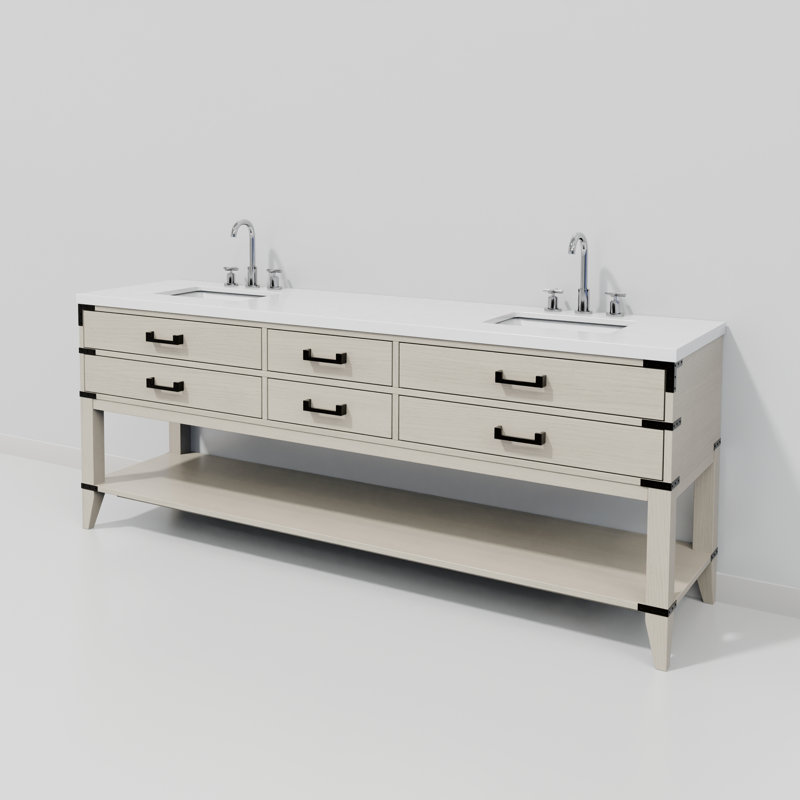 Ensemble de meuble-lavabo double 84 po, Chêne blanc, Quartz blanc
