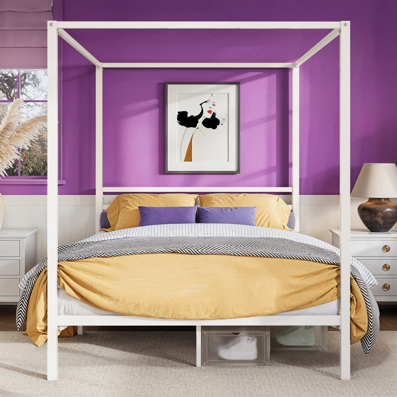 Metal Canopy Bed Frame With Four Poster, Full, White