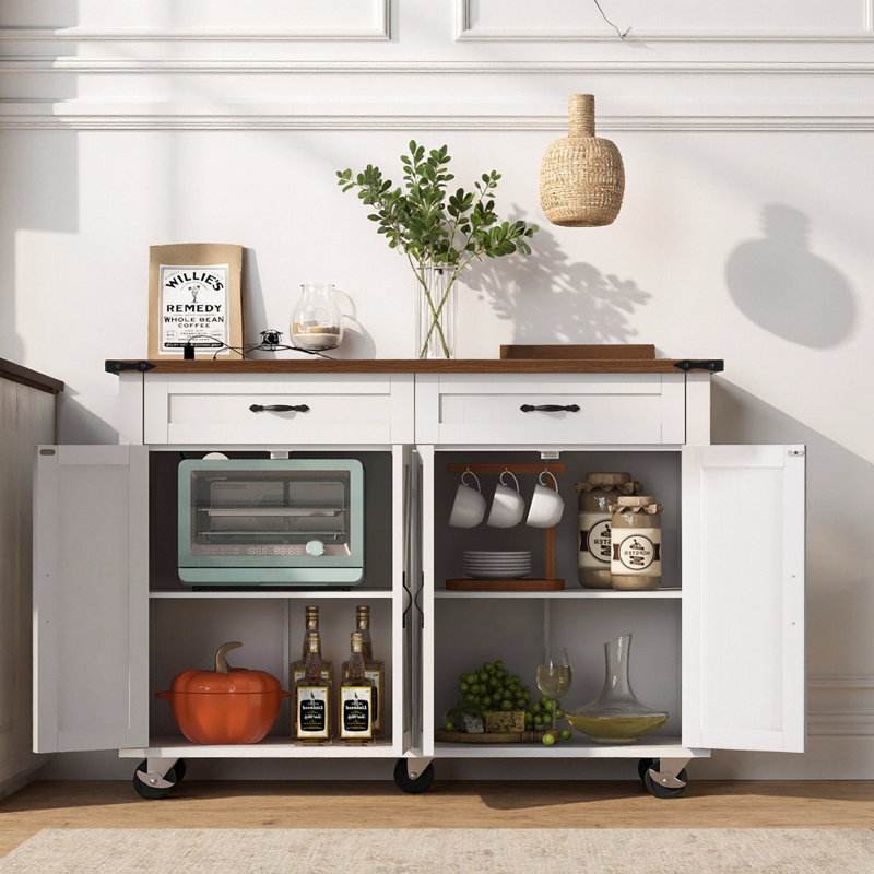Îlot de cuisine l 53,5 po Durarte, roues verrouillables, abattant, Blanc, Bois massif et bois manufacturé