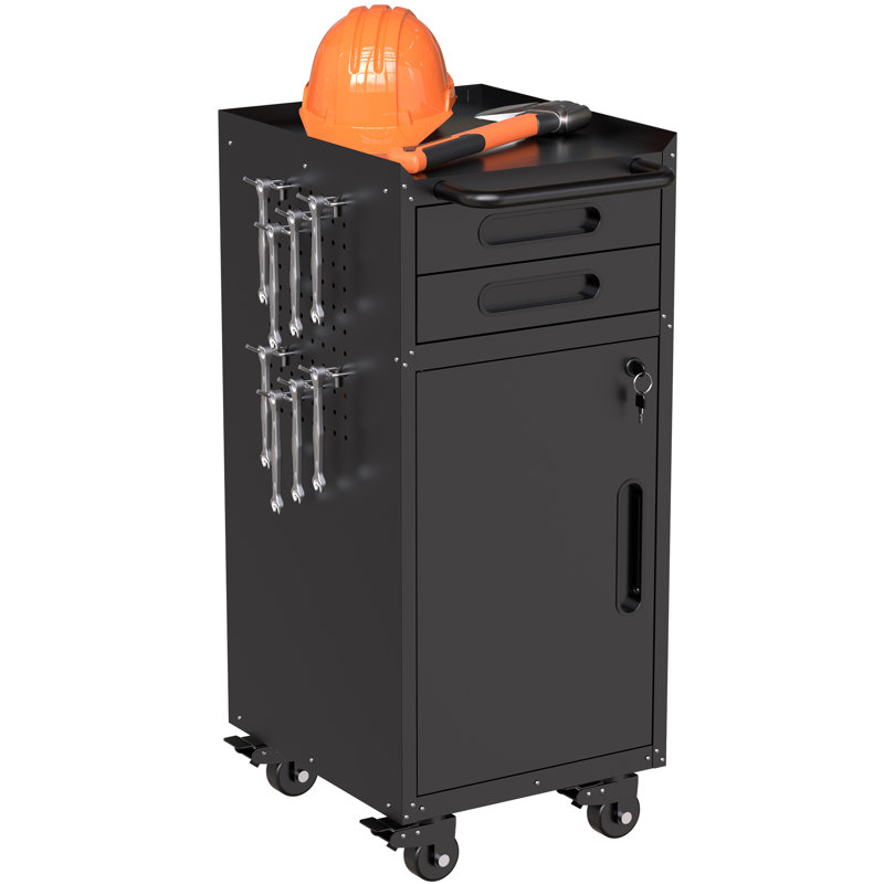 Armoire à outils mobile robuste avec 2 tiroirs et porte verrouillable, rangement de garage roulant