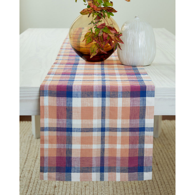 Fall Multicolor Linen Plaid Table Runner, 14 x 90 Inch