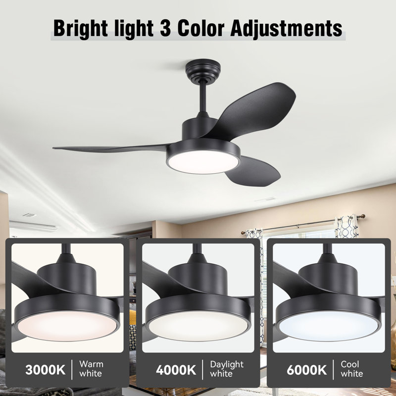 47 Inch Ceiling Fan with 22W LED Light and Remote Control 6 Speeds Reversible DC Motor for Bedroom, Black, Black