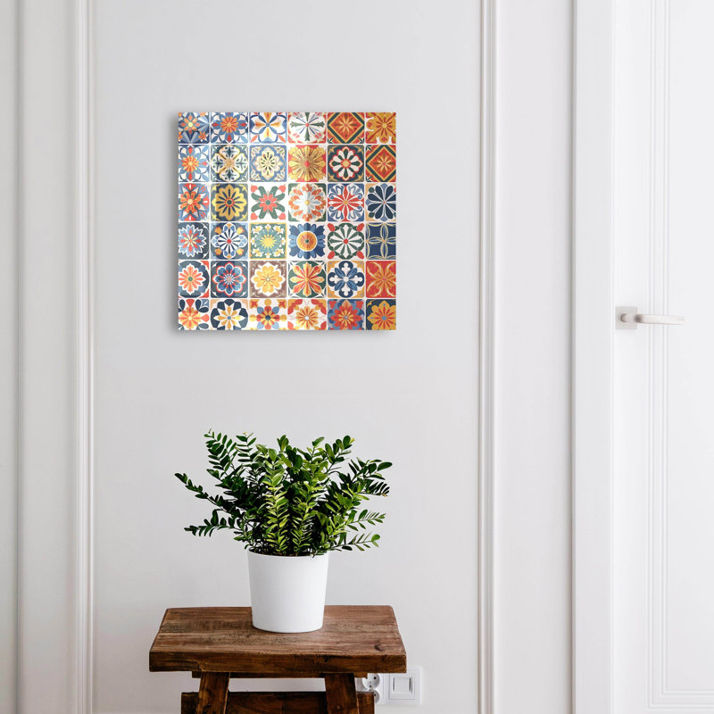 Key cabinet for home, Opens to the left, 30x30x5, Black, Colorful, plant patterns on square tiles, 