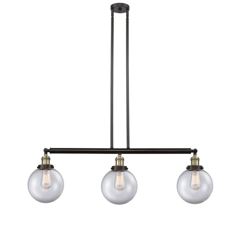 Luminaire suspendu linéaire à 3 lumières pour îlot de cuisine Albanie, Transparent / clair, DEL, Laiton antique noir