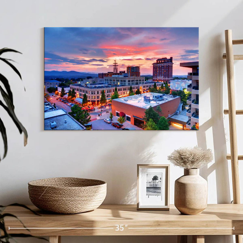 Centre-ville Rube Asheville au coucher du soleil, H 16 po x l 24 po