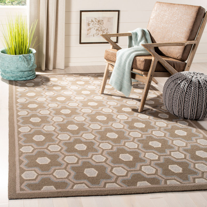 Tapis brun en laine crocheté à la main à motif géométrique, Rectangle 5 pi 6 po x 8 pi 6 po