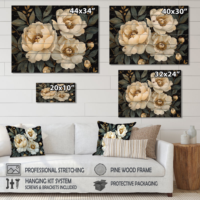 Noir noir blanc pivoines I - décoration murale en bois de pivoines - sur bois de pin naturel, H 24 po x l 32 po x P 0,78 po