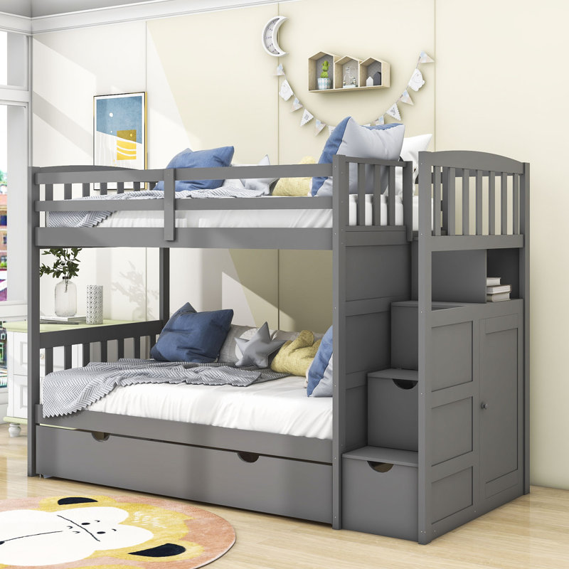 Ikher Twin Over Twin/Full 3 Drawers Wood Bunk Bed with Shelves by Harriet Bee, Gray