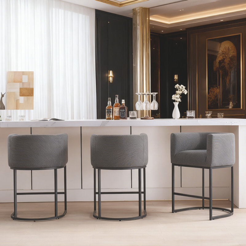 27" H Counter Height Barrel Bar Stools Set of 2, Black, Dark Gray