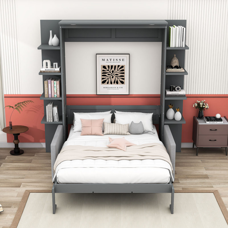 Queen-Size Murphy Bed with Built-In Sofa, Easy Lift Mechanism and Stylish Design, Grey