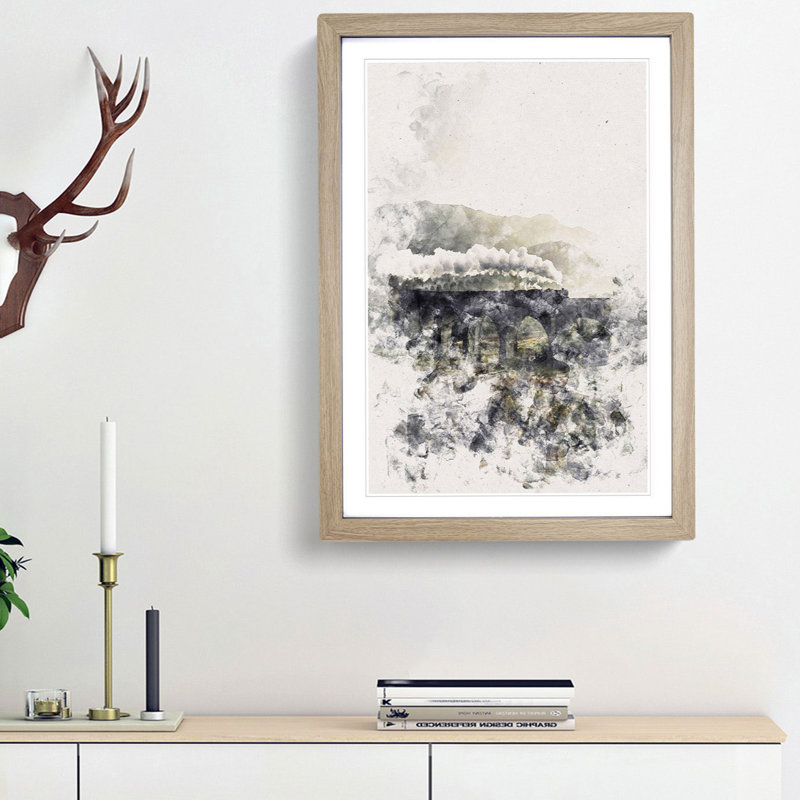 Steam Train over Glenfinnan Viaduct - Picture Frame Painting Print, 33cm H x 24cm W x 2cm D, Oak Framed