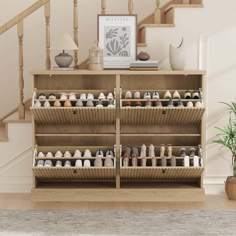 Range-chaussures cannelé avec 4 tiroirs rabattables, range-chaussures étroit en bois avec tablettes réglables pour le vestibule