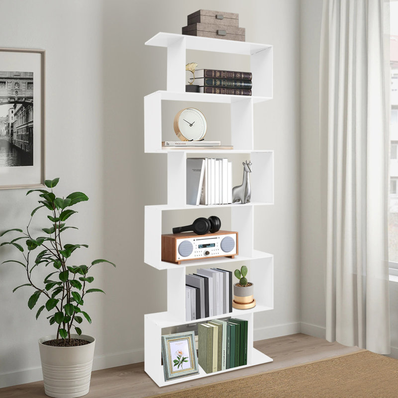 S-Shaped Bookshelf 6-Tier Floorstanding Bookshelf Modern Geometric Bookcase