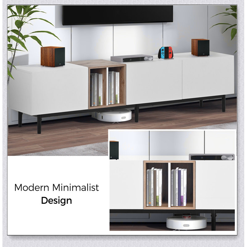 Meuble télé pour téléviseur 80 po avec 3 portes, console média avec grand rangement, Blanc